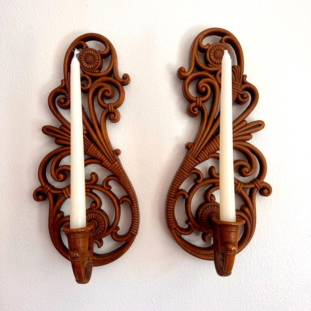 Vintage Homco Syroco Ornate Scroll Wall Sconces in Warm Brown - Pair
